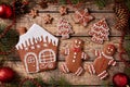Gingerbread house, man and woman, fir trees, stars