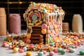 gingerbread house partially assembled with candies
