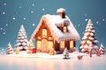 Gingerbread house and pine tree on winter night while snow falling, Christmas concept 3D illustration. Generative AI Royalty Free Stock Photo