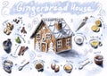 Gingerbread house recipe for Christmas and New Year. Sketch with drawn ingredients for making baking. Ginger, cinnamon