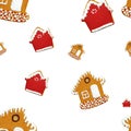 Gingerbread house seamless pattern isolated on white background. Christmas red and brown homemade biscuit with white icing. Ginger