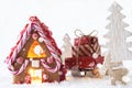 Gingerbread House With Sled, Moose And Tree, Snowflakes