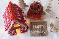 Gingerbread House, Sled, Snow, Text Happy Birthday Royalty Free Stock Photo