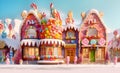 Gingerbread house, street with beautiful houses, decorated with sweets and candy, Christmas and New Year