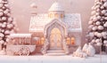 A gingerbread house with a sugar cart in front of it, surrounded by a snowy pink forest. Royalty Free Stock Photo