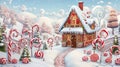 a gingerbread house surrounded by candy canes and gumdrops