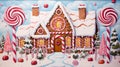 a gingerbread house surrounded by candy canes and gumdrops