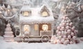 A gingerbread house on a wagon surrounded by a snowy sweet forest and a pink cake. Royalty Free Stock Photo