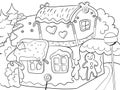 Gingerbread house in the woods. Dessert building. Children coloring book. Royalty Free Stock Photo