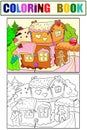 Gingerbread house in the woods. Dessert building. Set of coloring book and color picture. Royalty Free Stock Photo