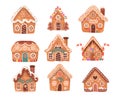 Gingerbread houses Christmas sweet cookies, glazed biscuits different design set vector Illustration Royalty Free Stock Photo