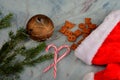 Gingerbread letters cookies out of red Santa hats, Christmas decorations,