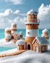 Gingerbread lighthouse village on sandy shore with blue sea and sky Royalty Free Stock Photo