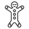 Gingerbread line icon. Ginger cookie in shape of man symbol, outline style pictogram on white background. Christmas
