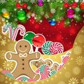 Gingerbread man on the background of sweets, decorated Christmas balls branches.