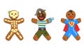 Gingerbread Man Characters Set, Traditional Sweet Xmas Ginger Biscuits Dressed Skeleton, Pirate, Superhero Costumes