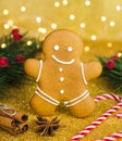 Gingerbread man and Christmas decor on the golden background. A traditional Christmas treat for Santa Claus. Holiday atmosphere. Royalty Free Stock Photo