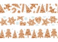 Gingerbread man, Christmas tree, candy cane and cookies seamless borders set for banner Royalty Free Stock Photo