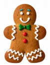 Gingerbread Man Cookie with Green Bow Tie and Red Buttons on White Background Royalty Free Stock Photo