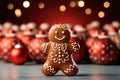 Gingerbread man cookies and homemade cakes against a bokeh background of Christmas lights and red Christmas decorations