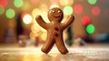 Gingerbread man dancing on the kitchen table with colorful bokeh in the background