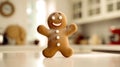 Gingerbread man dancing on the kitchen table with flour on white background, copy space