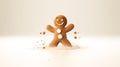 Gingerbread man dancing on the kitchen table with flour on white background, copy space