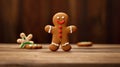 Gingerbread man dancing on the wooden kitchen table, copy space