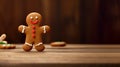 Gingerbread man dancing on the wooden kitchen table, copy space