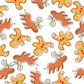 Gingerbread Man and Deer seamless pattern in cartoon style. Christmas and New Year cookie Royalty Free Stock Photo