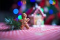 Gingerbread man in front of his candy ginger house Royalty Free Stock Photo