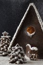 Gingerbread man in front of gingerbread house Snowing Close up