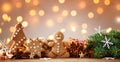 Gingerbread man and gingerbread cookie on bokeh background. Christmas banner