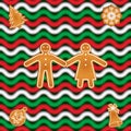 Gingerbread cookies on the X-mas seamless pattern with bold red, green and white waves