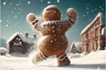 Gingerbread man happily dancing in the snow
