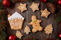 Gingerbread man home fur tree and stars cookies Royalty Free Stock Photo