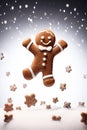 Gingerbread man with icing decoration, levitation. Christmas background with sugar snow and gingerbread stars. AI generated