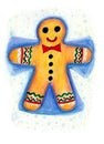 The gingerbread man makes a snow angel. Drawing with colored pencils. White background Royalty Free Stock Photo
