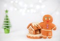 Gingerbread man near the house on the background of beautiful bokeh snowflakes. Christmas food decorations. Royalty Free Stock Photo