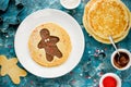 Gingerbread man pancake. Sweet pancake with chocolate and sugar