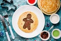 Gingerbread man pancake. Sweet pancake with chocolate and sugar