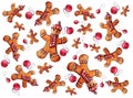 Gingerbread man pattern, watercolor drawing. It can be used for the design of Christmas cards and invitations.