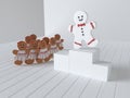 The gingerbread man on the podium celebrates victory on the background of the girls cakes. 3d render