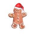 Gingerbread man in red holiday hat. Watercolor ginger cookies for Christmas