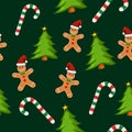 Gingerbread man seamless pattern tile. Christmas cookies cartoon on wrapping paper. Cute smiling character design element.