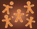 Gingerbread man set with a broken arm, leg, head. A whole man and a man with a bitten head. Crumbs of biscuits. Cute