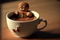 Gingerbread man sitting in a cup of hot cocoa