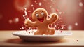 A gingerbread man is sitting on a plate with red splashes, AI