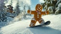gingerbread man snowboarding down sugar slope . Royalty Free Stock Photo