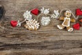Gingerbread man, sweet duck and cute red hearts